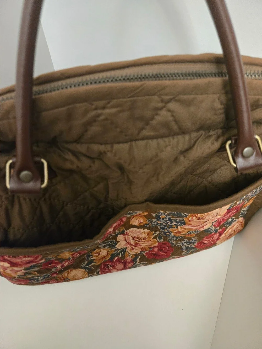 Quilted Floral Tote Bag in Brown